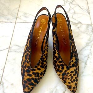 Tory Burch Leopard Calf Hair Slingbacks